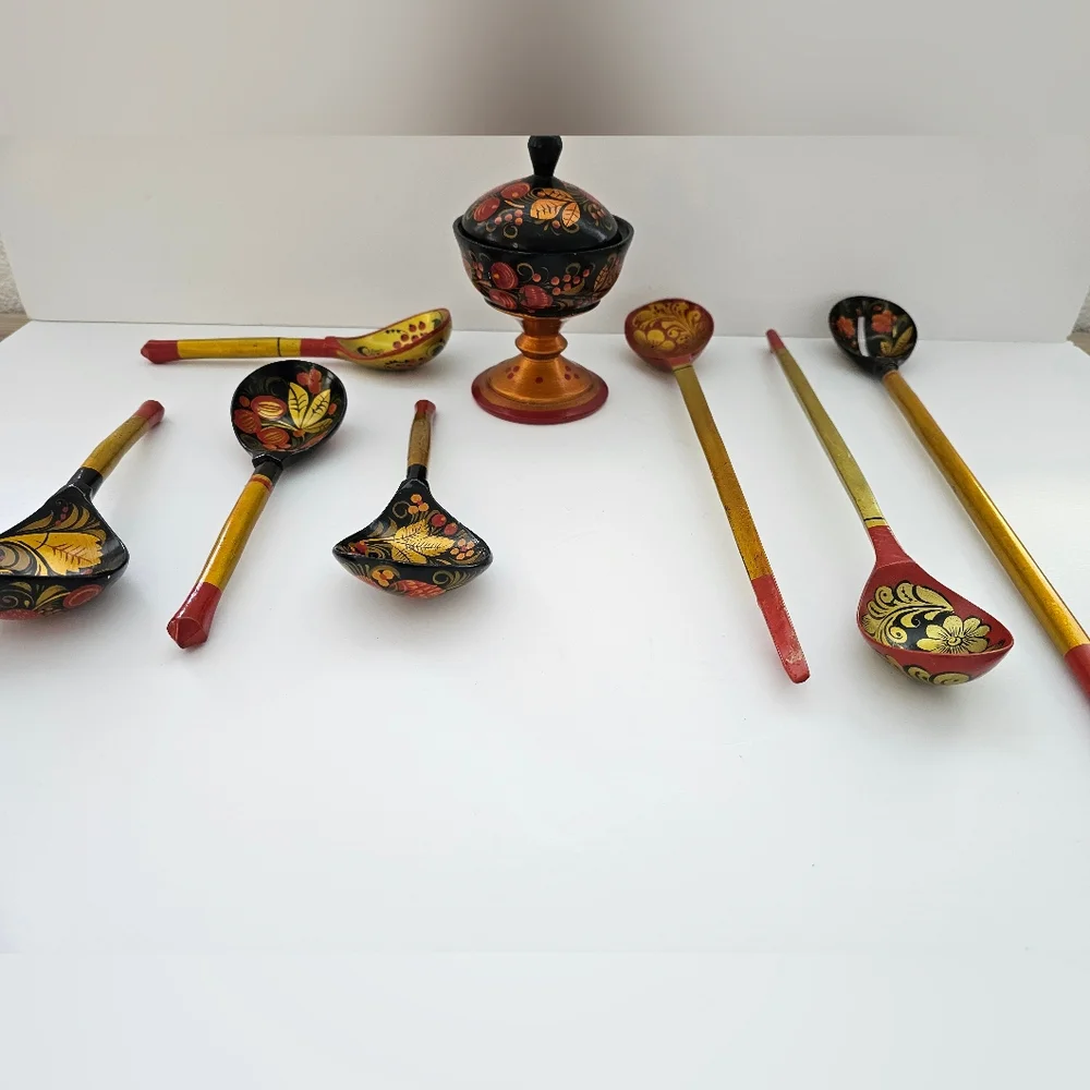 Vintage Russian Khokhloma Wood Set - Hand-Painted Lacquer Lidded Dish & 7 Spoons